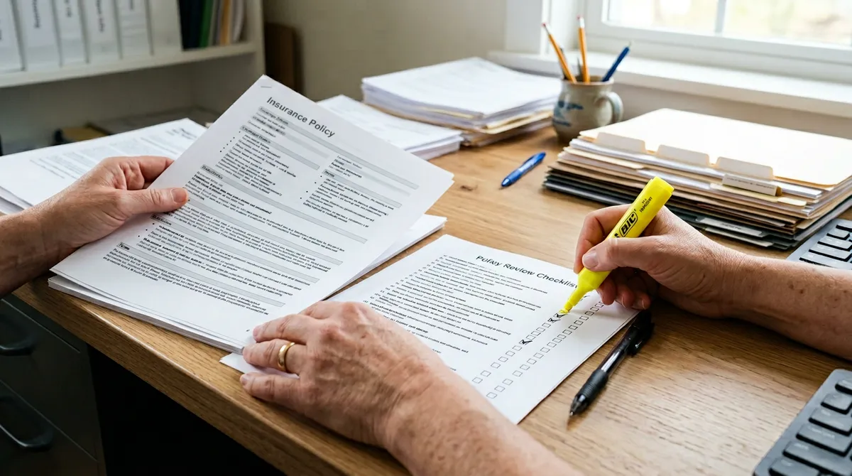 Osoba porządkuje dokumenty ubezpieczeniowe przy biurku — zdjęcie edukacyjne