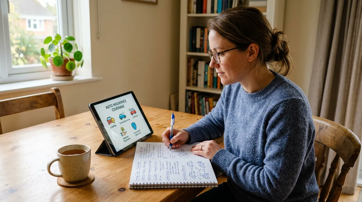 Nauka przy stole z tabletem i notatnikiem — scenariusz przeglądu polisy